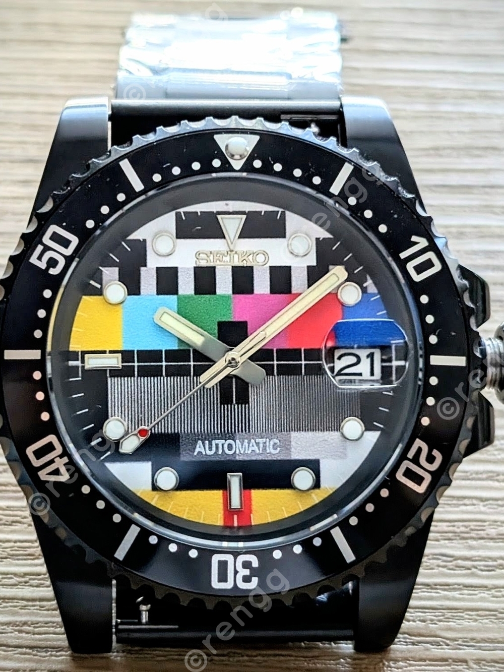 Seiko NH35A Automatic Watch - Black Case Multicolor Dial Retro TV Sapphire Great